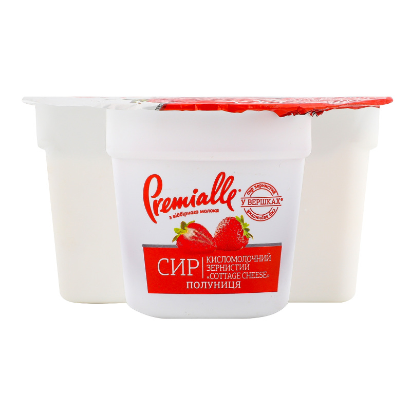 Сир кисломолочний 7% зернистий з наповнювачем фруктовим Полуниця Cottage cheese Premialle ст