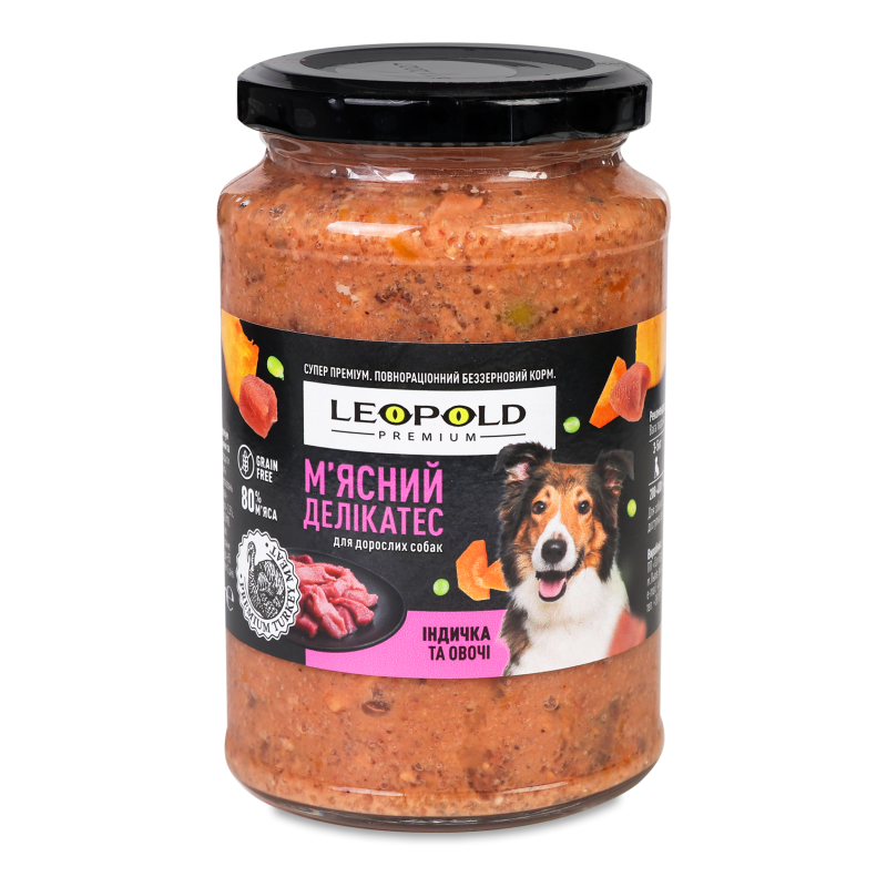 Корм д/собак М’ясний делікатес Преміум беззерновий з індичкою та овочами 400г твіст/б Леопольд