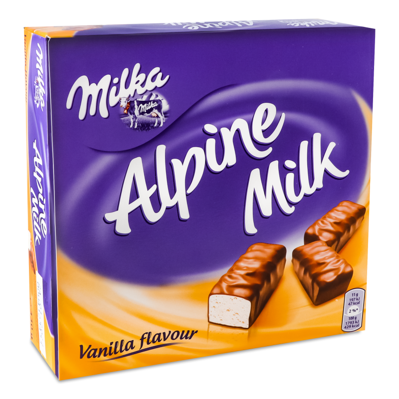 Цукерки Alpine Milk з збивним корпусом з смаком ванілі глазуровані молочним шоколадом 330г Milka