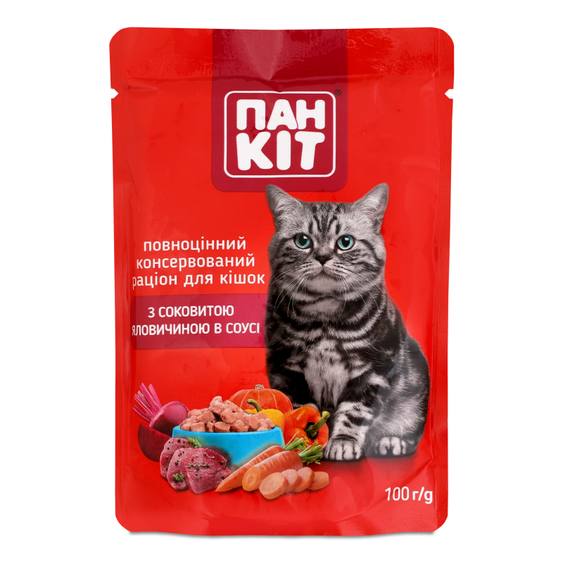 Корм д/котів з соковитою яловичиною в соусі 100г пауч Пан Кот