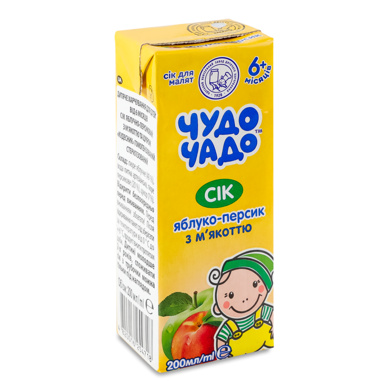 Сік яблучно-персиковий з м”якоттю з 5місяців 200мл Чудо-чадо