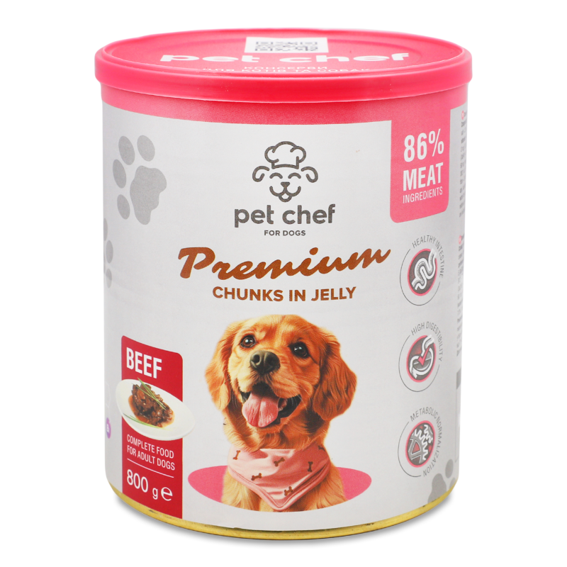 Корм д/дорослих собак Premium шматочки з яловичиною в желе 800г ж/б Pet Chef