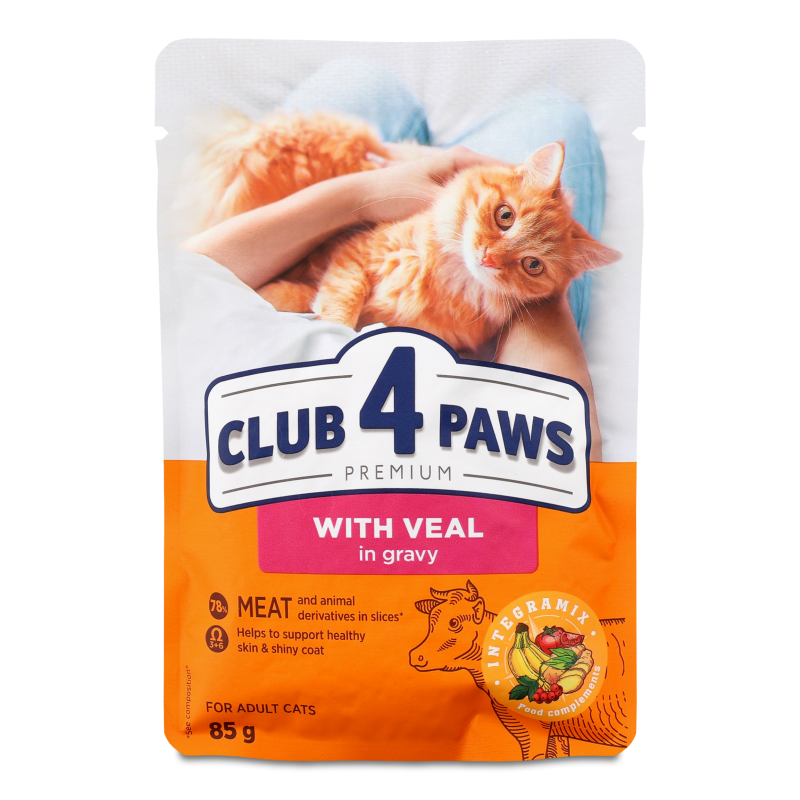 Корм д/дорослих котів Преміум з телятиною в соусі 85г пауч Клуб 4 лапи