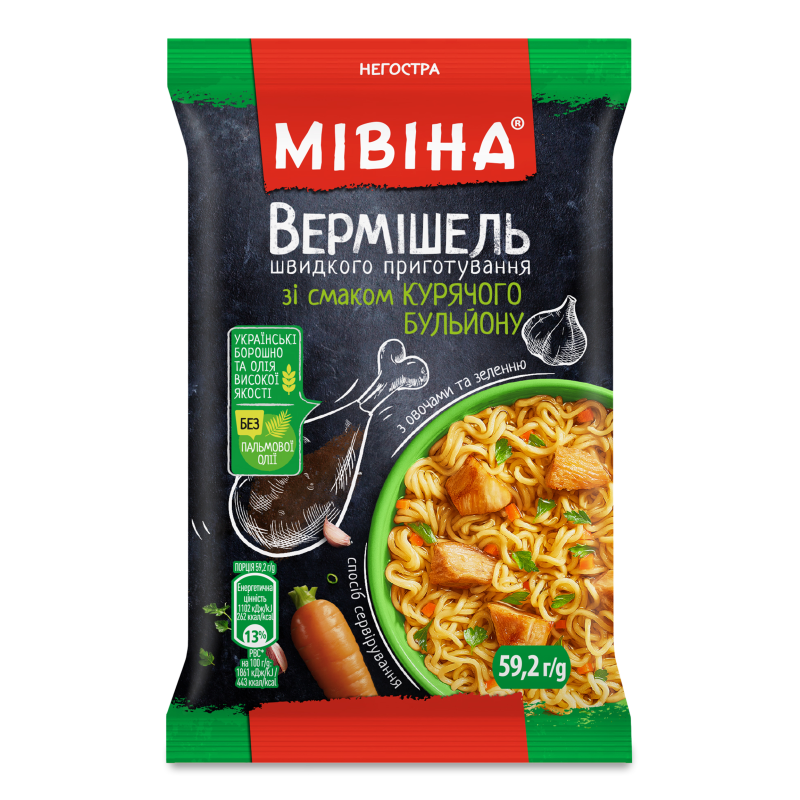 Вермішель швидкого приготування з смаком курячого бульйону негостра 59,2г Мівіна