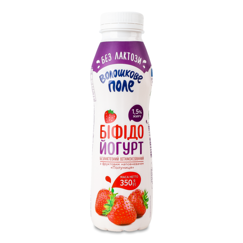 Біфідойогурт питний з наповнювачем Полуниця безлактозний 1,5% 350г пет Волошкове поле
