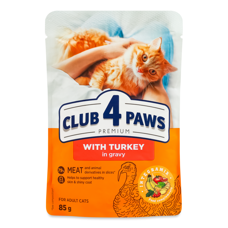 Корм д/дорослих котів Premium з індичкою в соусі 85г пауч Club 4 Paws