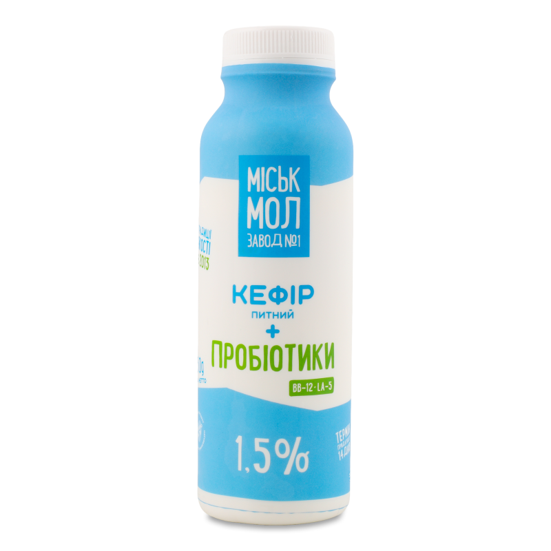 Кефір питний з пробіотиками 1,5% 330г пет Міськмолзавод №1