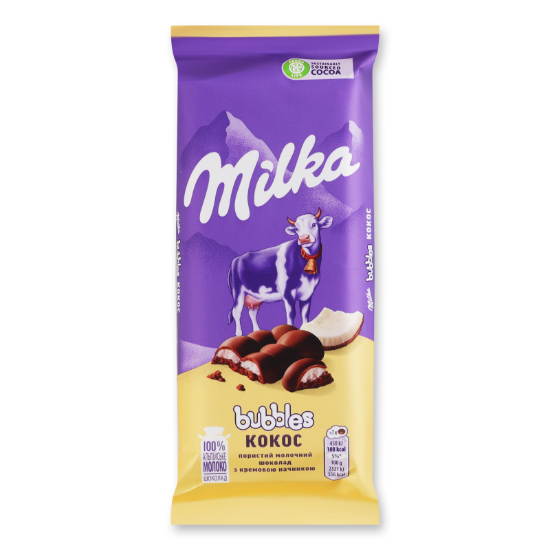 Шоколад Баблз молочний пористий з кокосовою начинкою 97г Мілка