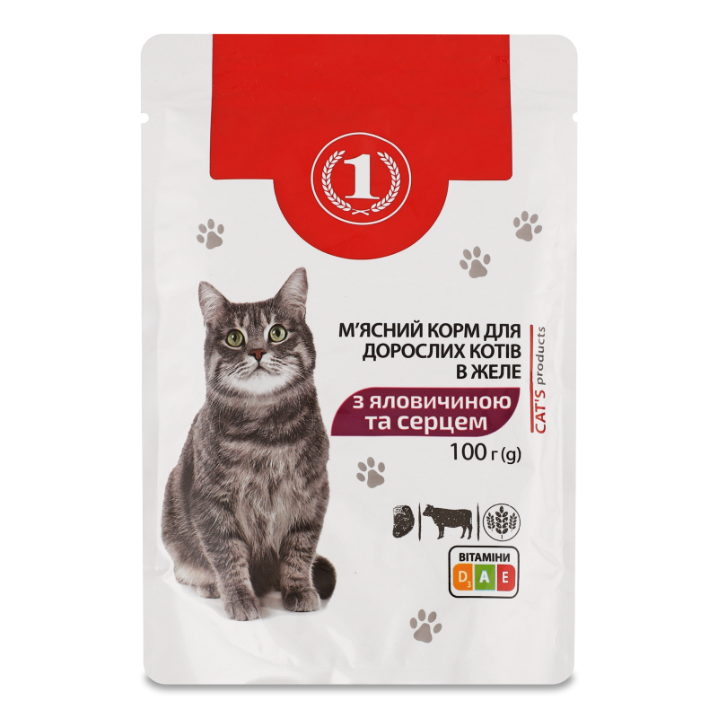 Корм д/дорослих котів з яловичиною та серцем 100г пауч ТМ “1”