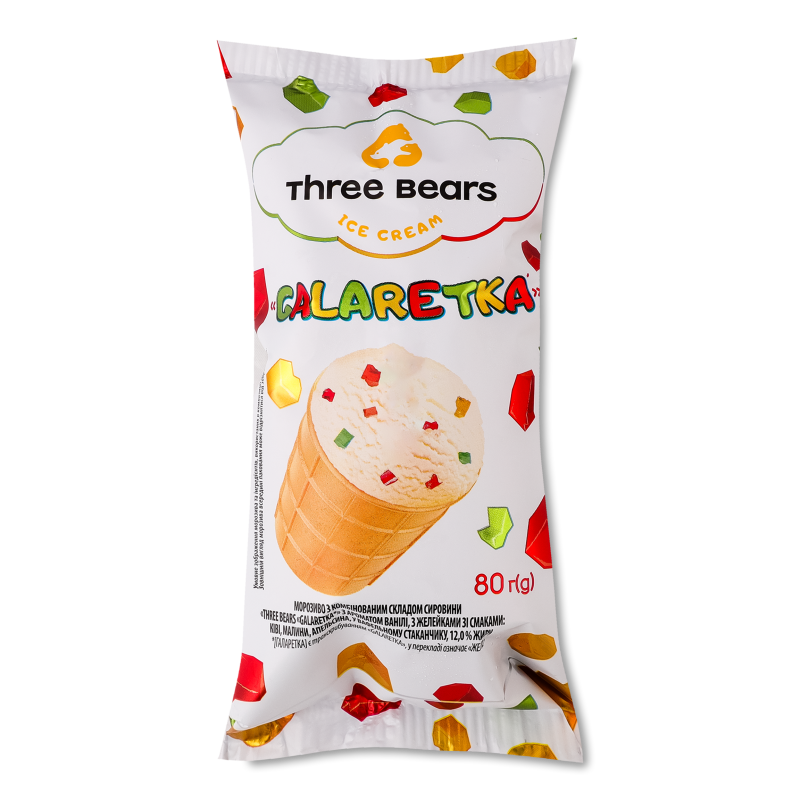 Морозиво Galaretka з ароматом ванілі з желейками вафельний стакан 80г Three bears