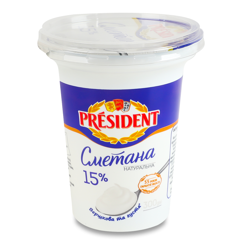 Сметана 15% 300г стакан Президент