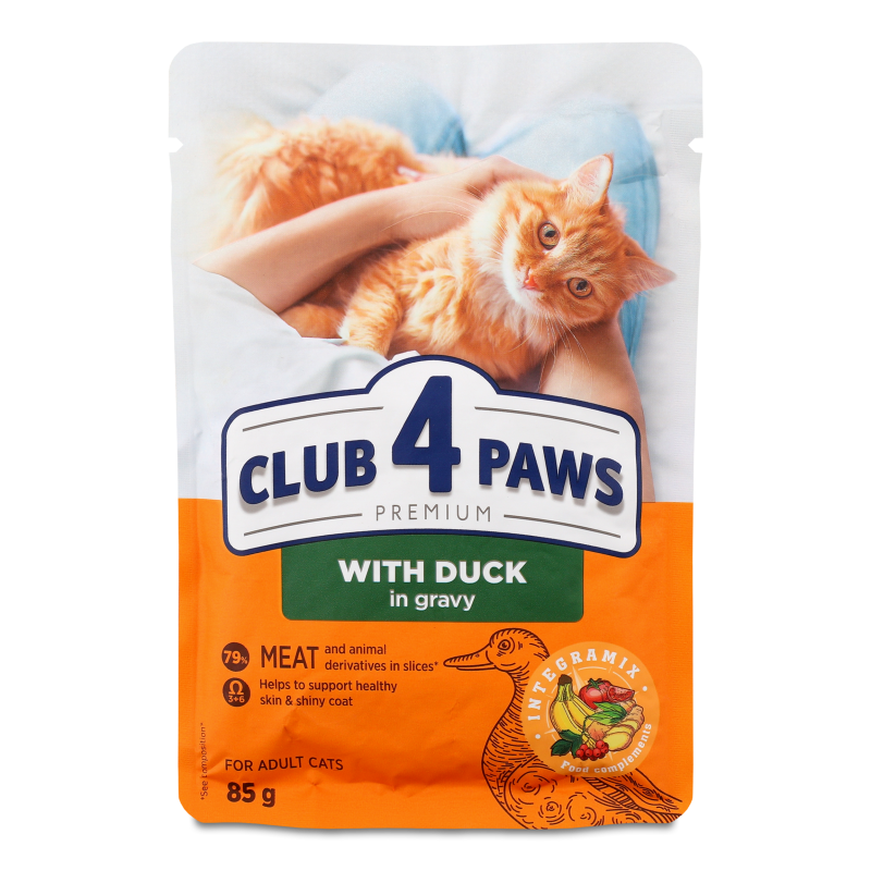 Корм д/дорослих котів Преміум з качкою в соусі 85г пауч Клуб 4 лапи