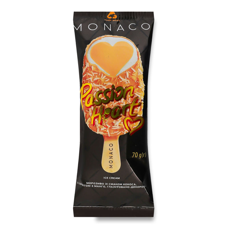Морозиво Monaco Passion heart глазуровано-декороване двошарове ескімо 70г Three bears