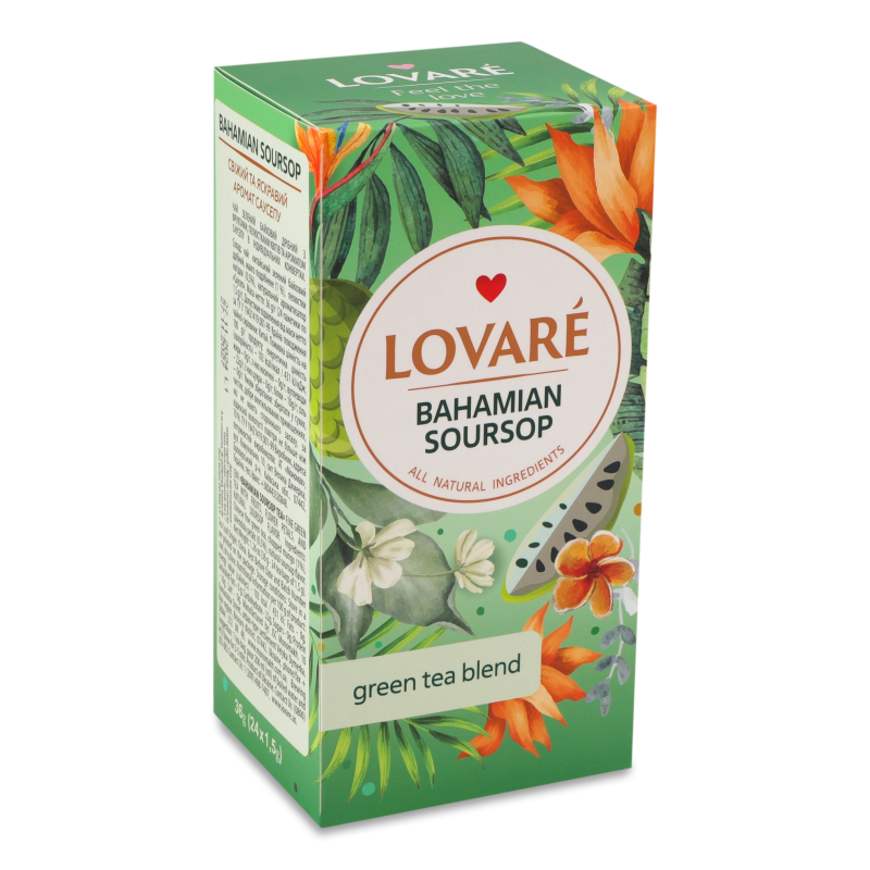 Чай Багамський саусеп зелений з фруктами пелюстками квітів та ароматом саусепу 24*1,5г Lovare