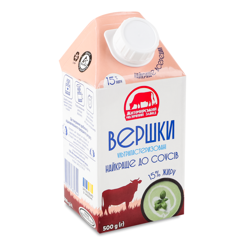 Вершки ультрапастеризовані 15% 500г т/брік Житомирський молочний завод