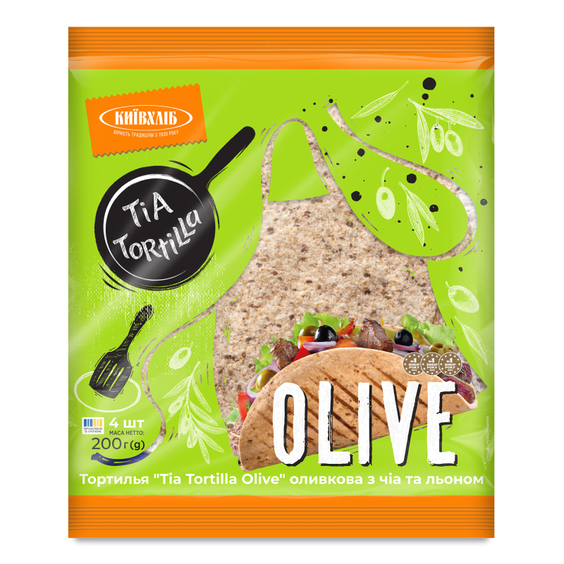 Тортилья Tia Tortilla Grano Olive оливкова з чіа та льоном 200г плівка Київхліб