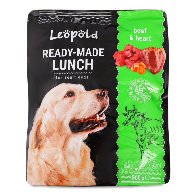 Корм д/собак Готовий обід з яловичиною та серцем 500г пауч Леопольд