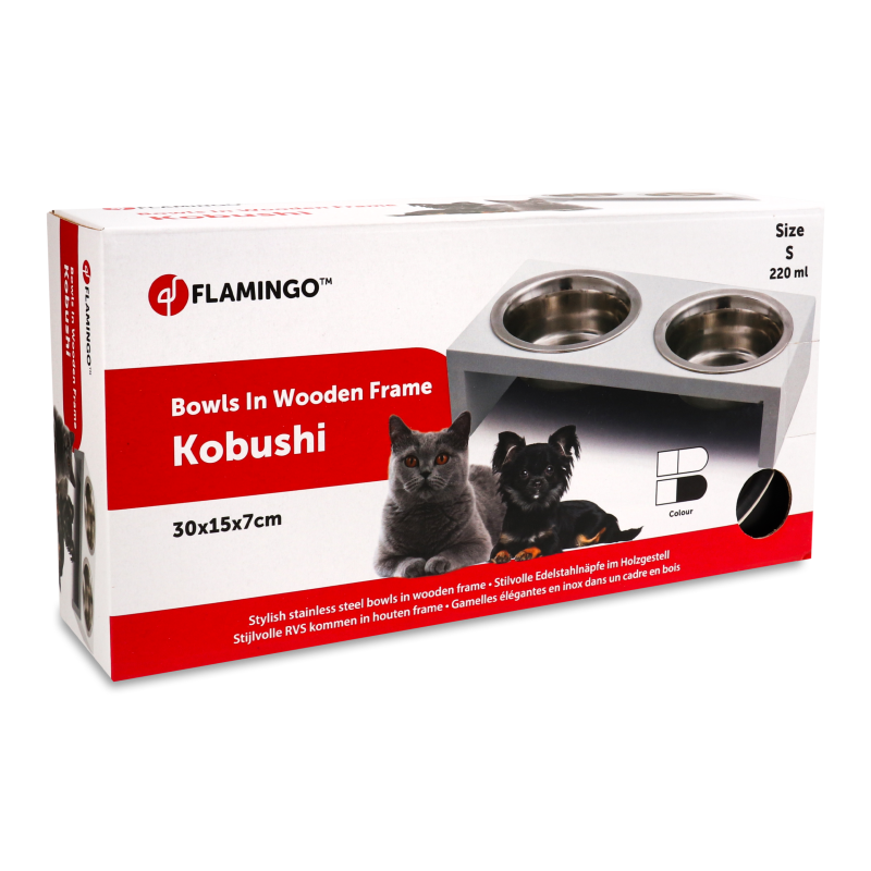 Набір Миска д/тварин Kobushi 2*220мл нержавіюча сталь+Підставка чорна МДФ 30*15*7см Flamingo