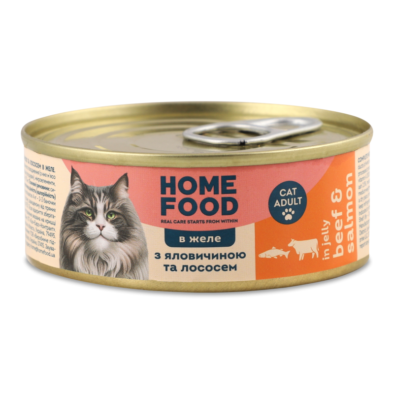 Корм д/дорослих котів з яловичиною та лососем в желе 85г ж/б Home Food