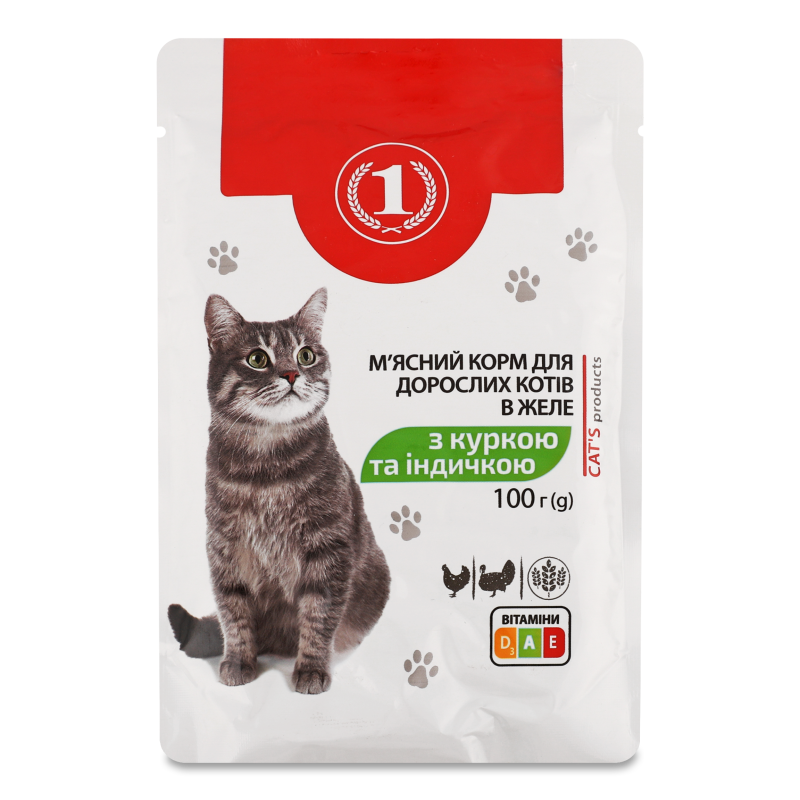 Корм д/дорослих котів з куркою та індичкою в желе 100г пауч ТМ “1”