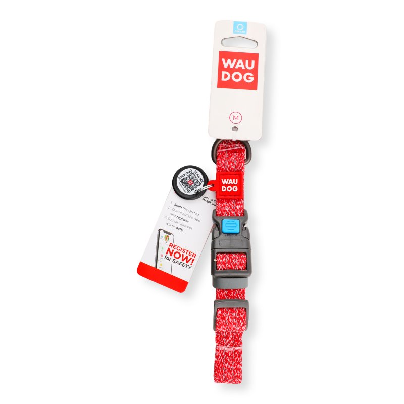 Нашийник з QR паспортом червоний відновлена бавовна пластикова пряжка 20мм L28-40см 02883 ВауДог Ре-коттон