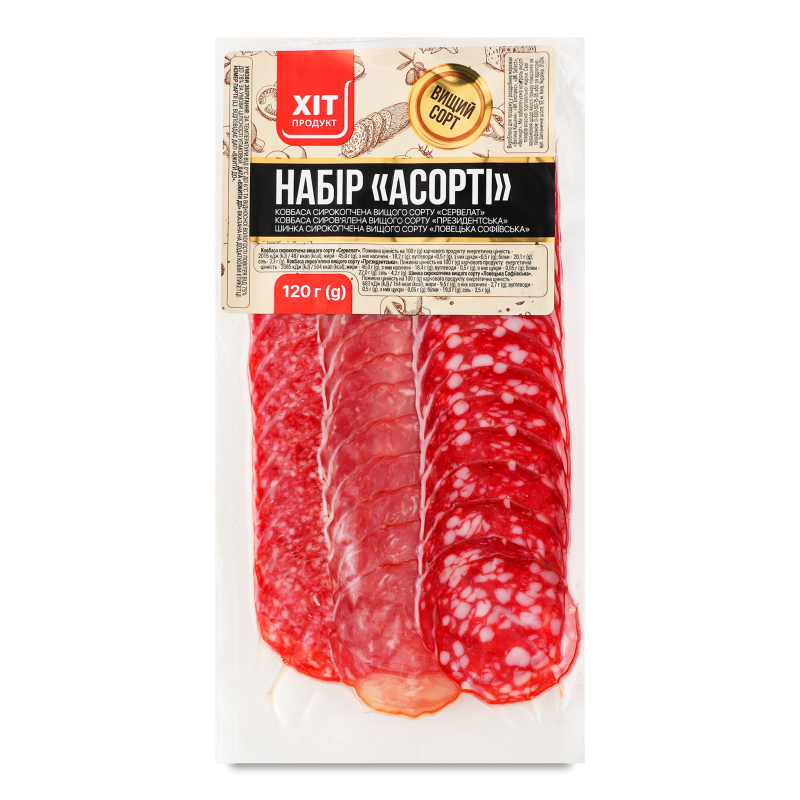 Набір Асорті ковбас с/к та с/в в/г нарізка 120г в/у Хіт Продукт