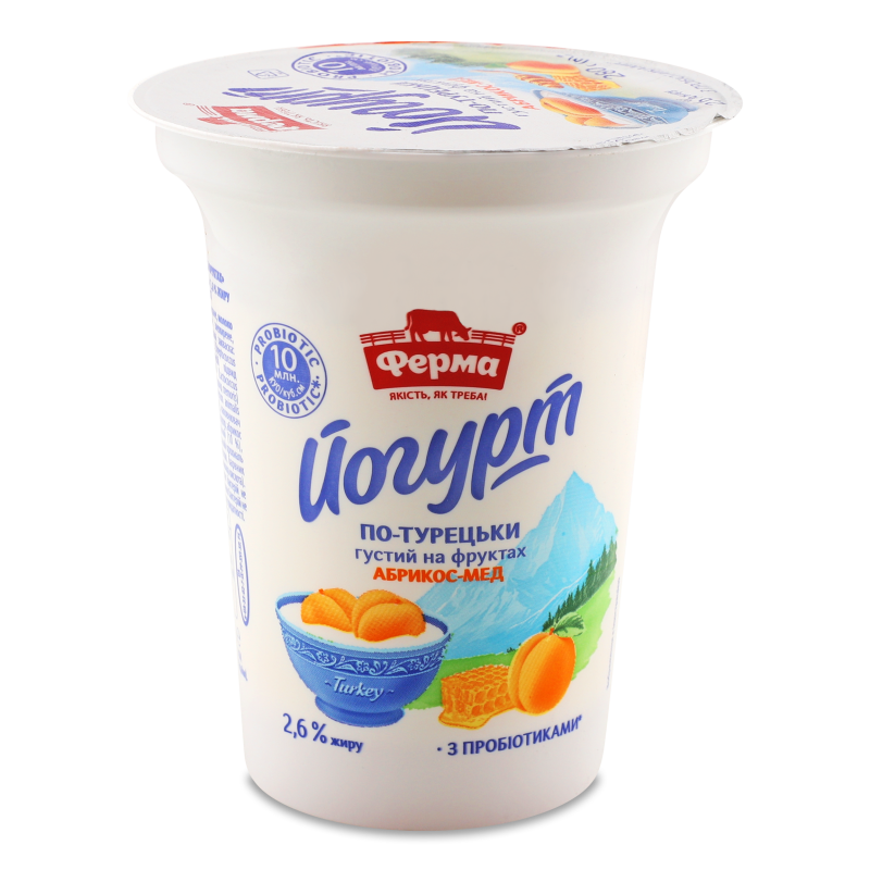 Йогурт По-турецьки на фруктах Абрикос-мед 2,6% 280г стакан Ферма