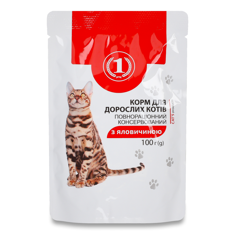 Корм д/дорослих котів з яловичиною 100г пауч ТМ “1”