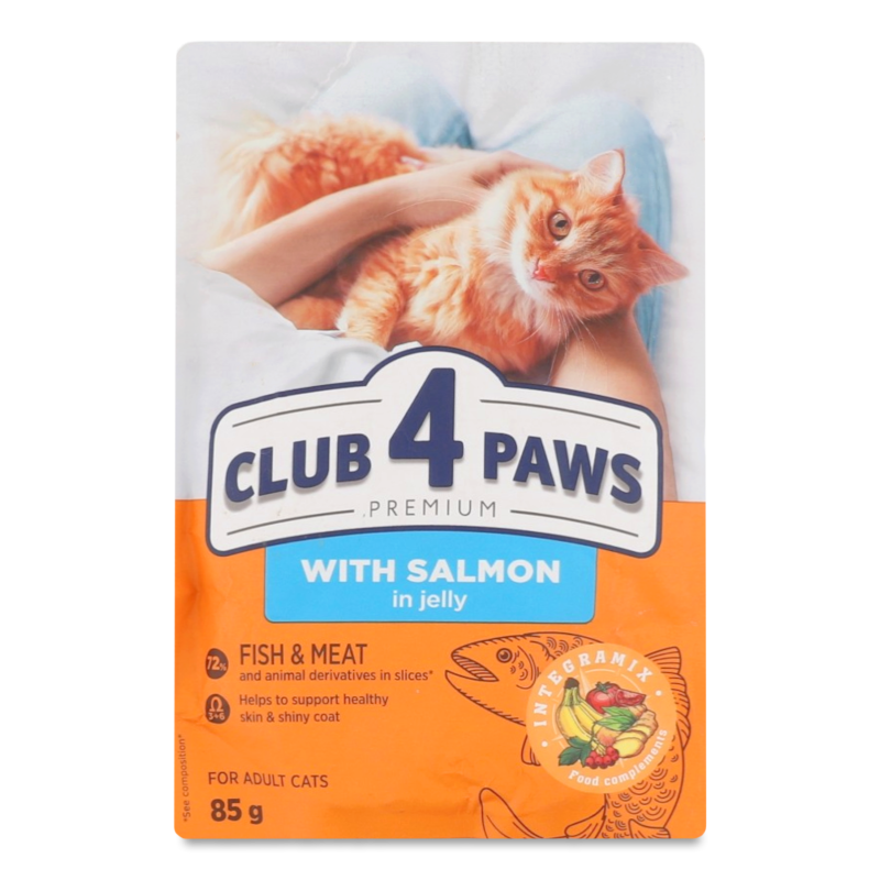 Корм д/дорослих котів Преміум з лососем в желе 85г пауч Клуб 4 лапи