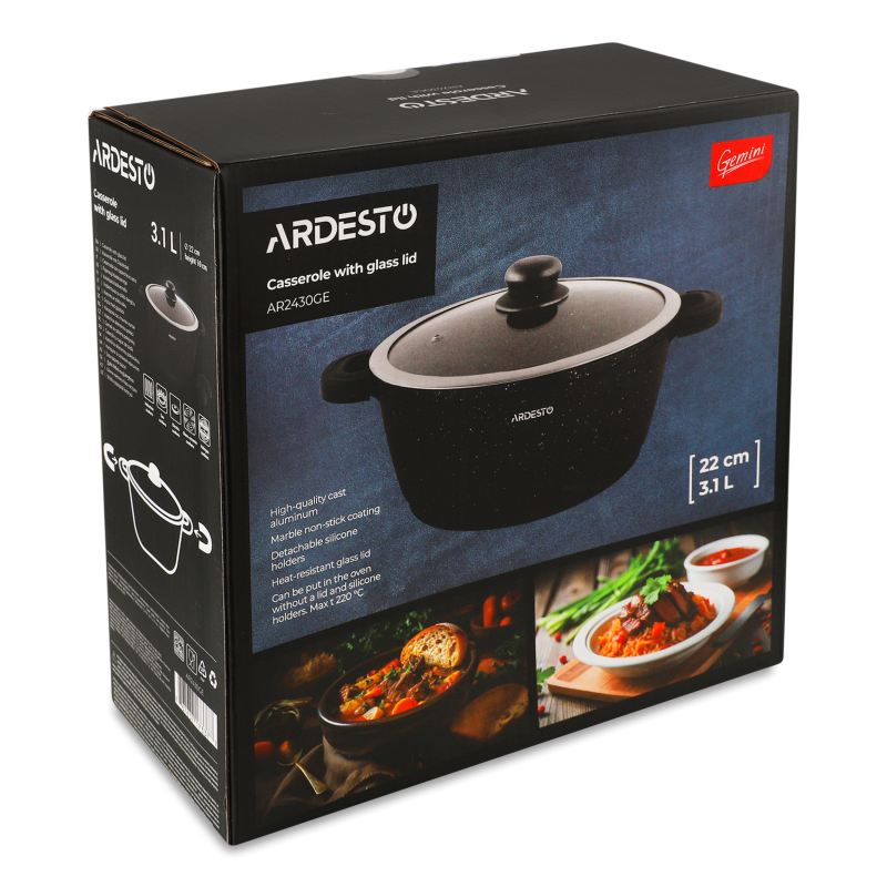 Каструля Gemini Anzio 3,1л чорний алюміній з скляною кришкою Ardesтo