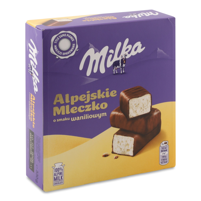 Цукерки Alpine Milk з збивним корпусом з смаком ванілі глазуровані молочним шоколадом 330г Milka