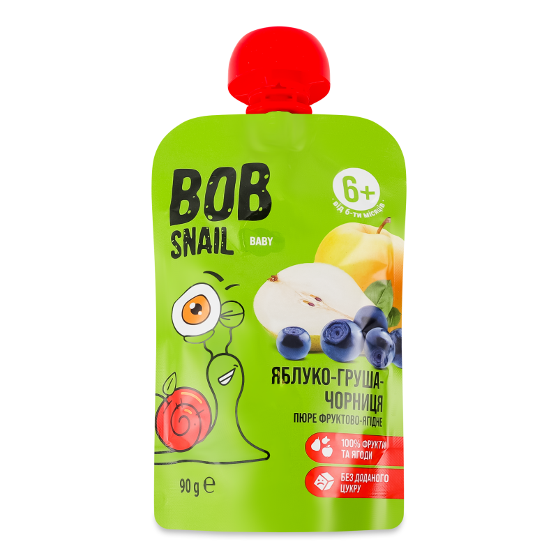 Пюре фруктово-ягідне Яблуко-груша-чорниця від 6місяців 90г пауч Bob Snail