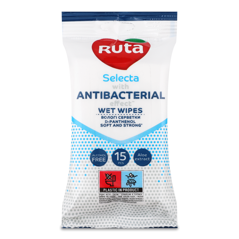 Серветки вологі Selecta Antibacterial з екстрактом алое 15шт Ruta