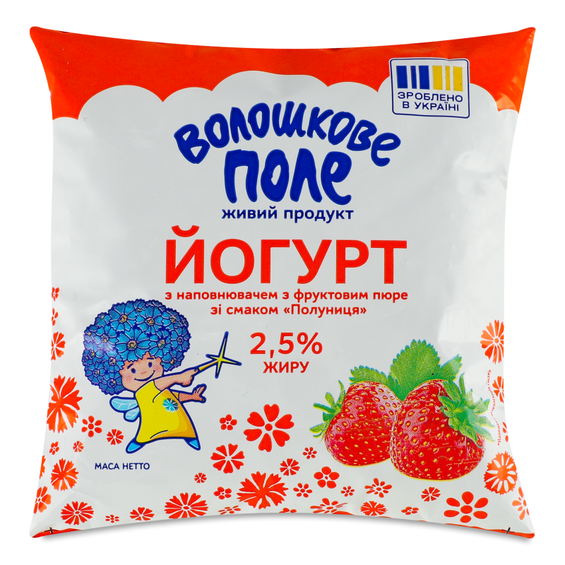 Йогурт питний з фруктовим пюре з смаком Полуниця 2,5% 400г плівкаВолошкове поле