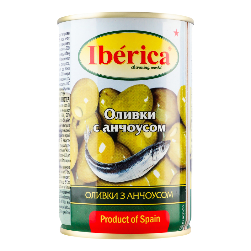 Оливки Iberica зеленые с анчоусом ж/б ключ 300г/314мл Iberica ...