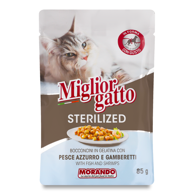 Корм д/стерилізованих котів Migliorgatto беззерновий шматочки риби та креветок в желе 85г пауч Morando