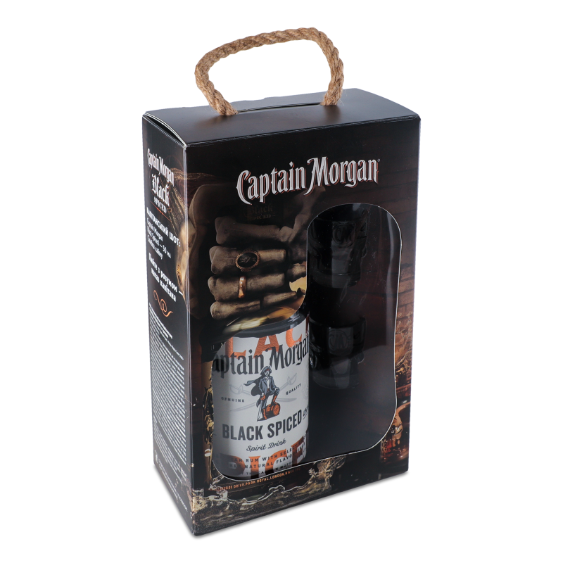 Набір Напій алкогольний на основі Карибського рому Black Spiced 40% 1л+2рюмки коробка Captain Morgan