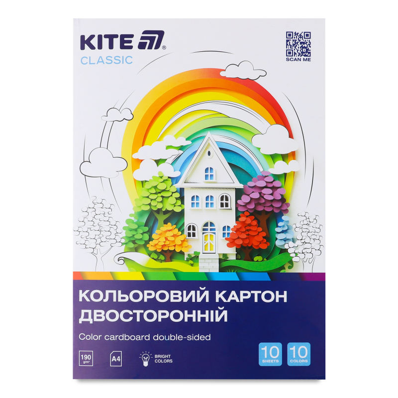 Картон кольоровий Classic А4 двосторонній 10кольорів 10аркушів Kite