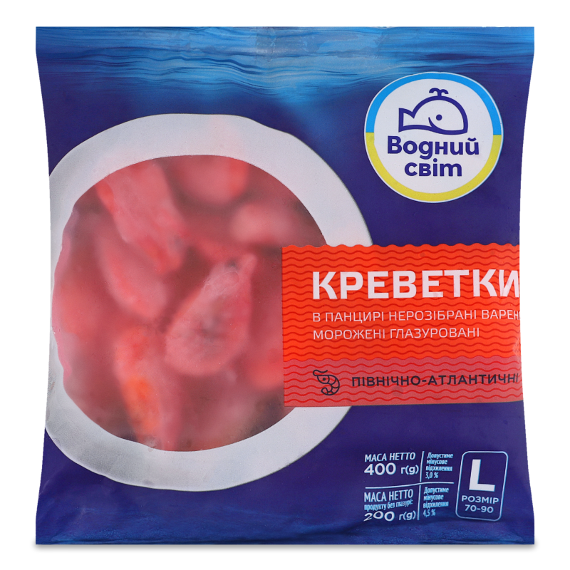 Креветки північно-атлантична L 70/90 в/м 400г Водний світ