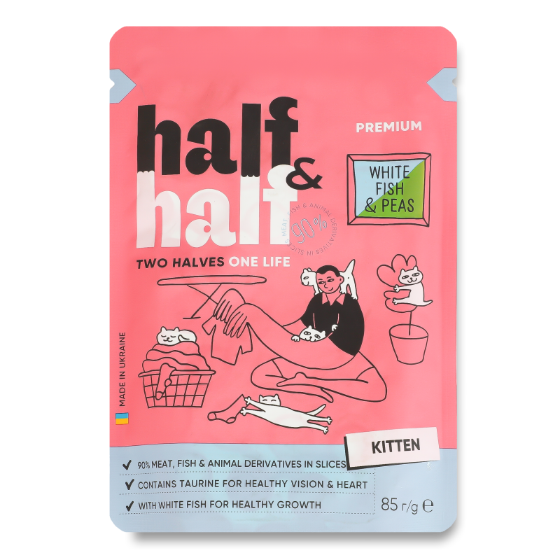 Корм д/кошенят з білою рибою та горохом в желе 85г пауч Half&Half