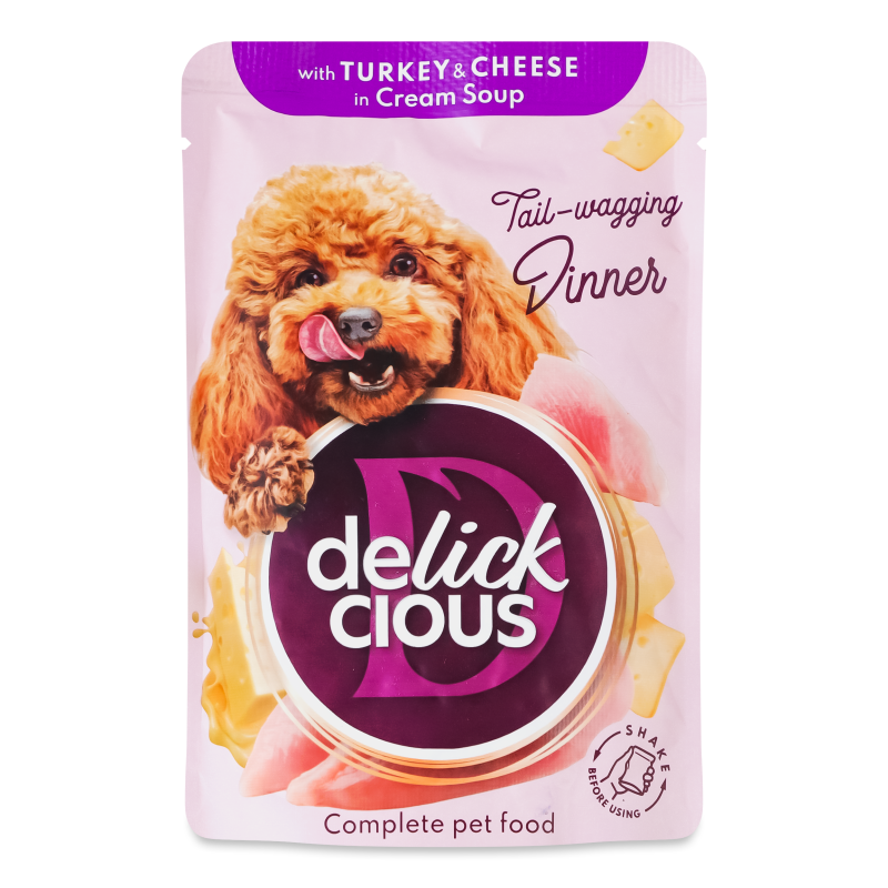 Корм д/дорослих собак Смужки з індичкою та сиром в крем-супі 85г пауч Delickcious