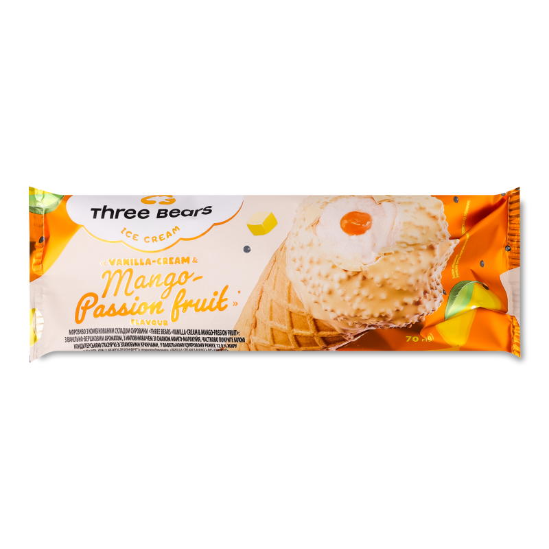 Морозиво-ріжок Vanilla-cream&Mango-passion fruit 70г Три ведмеді