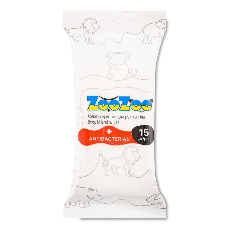 Серветки вологі д/рук та тіла з антибактеріальною дією 15шт ЗооЗоо