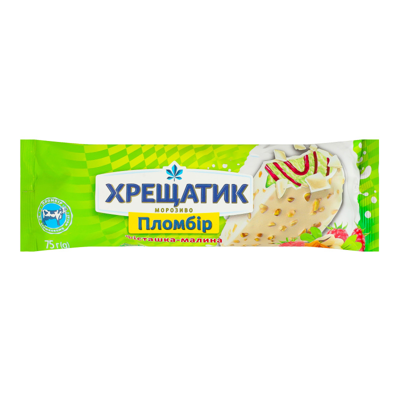 Мороженое пломбир в кондитерской глазури Фисташка-малина Хрещатик