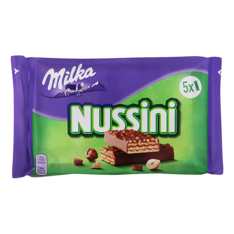 Вафля з начинкою з фундуком і какао посипана подрібненим фундуком Nussini Milka м/у 5х