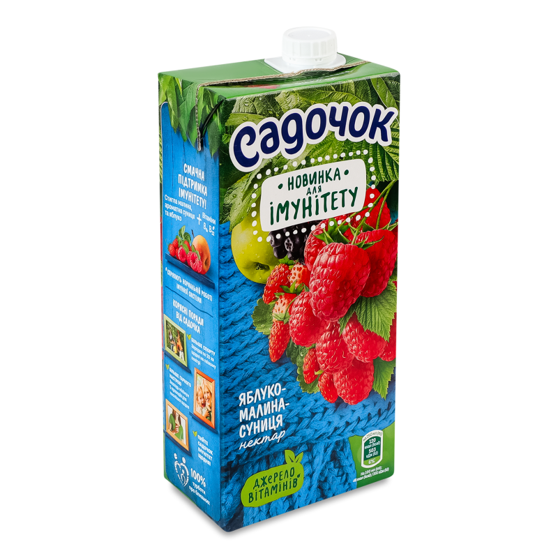 Нектар яблучно-малиново-суничний з м’якоттю 0,95л т/п Садочок