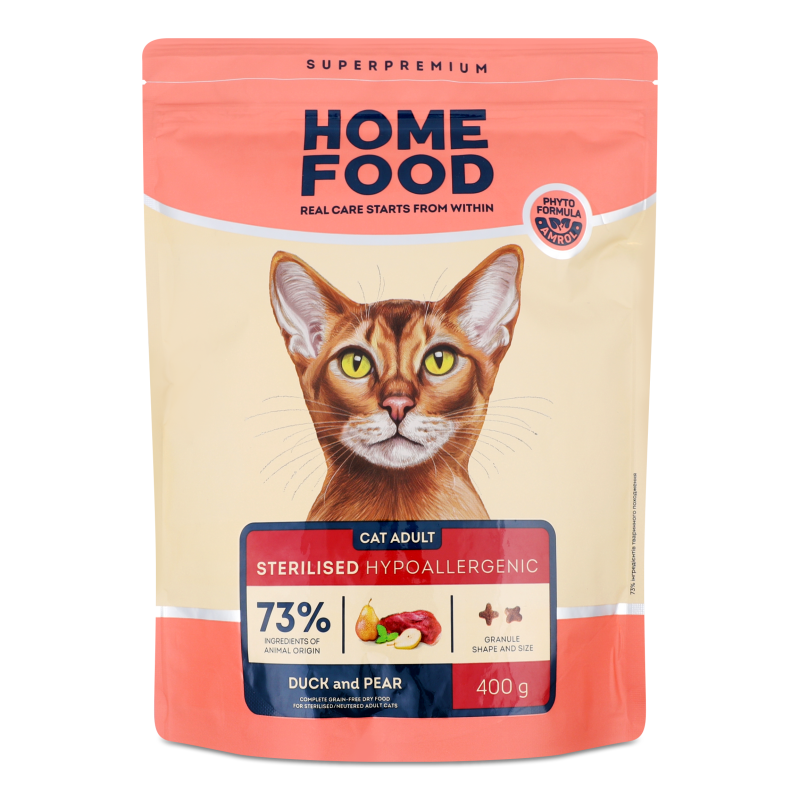 Корм д/дорослих стерилізованих котів Гіпоалергенік беззерновий Качка та груша сухий 400г Хоум Фуд