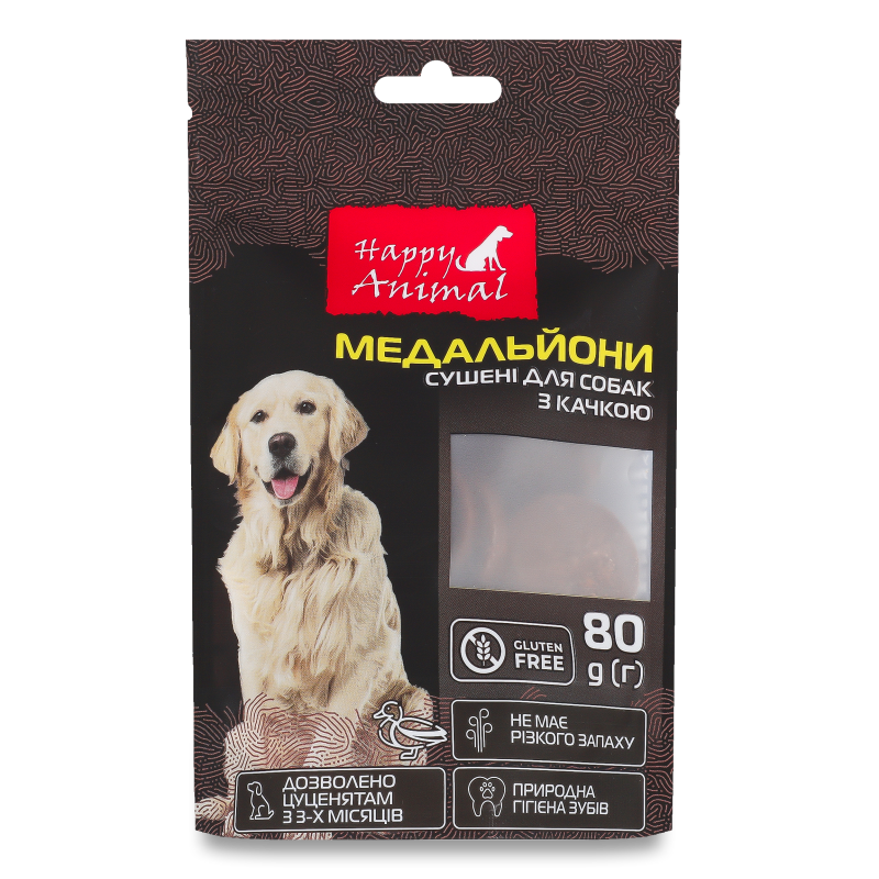 Ласощі д/собак Медальйони з качкою сушені 80г Happy Animal