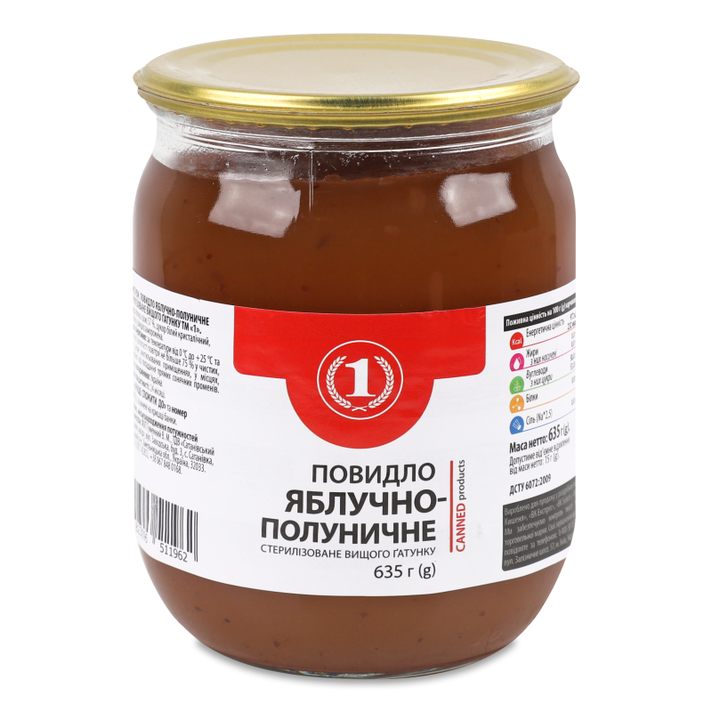 Повидло Яблучно-полуничне в/г стерилізоване 635г скло ТМ “1”