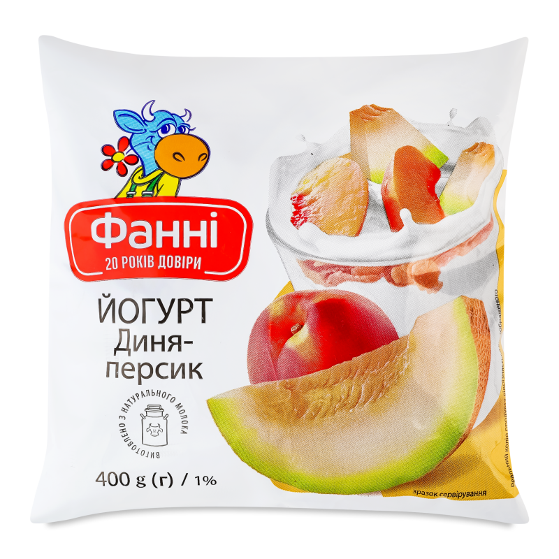 Йогурт питний з наповнювачем Диня-персик 1% 400г п/е Фанні